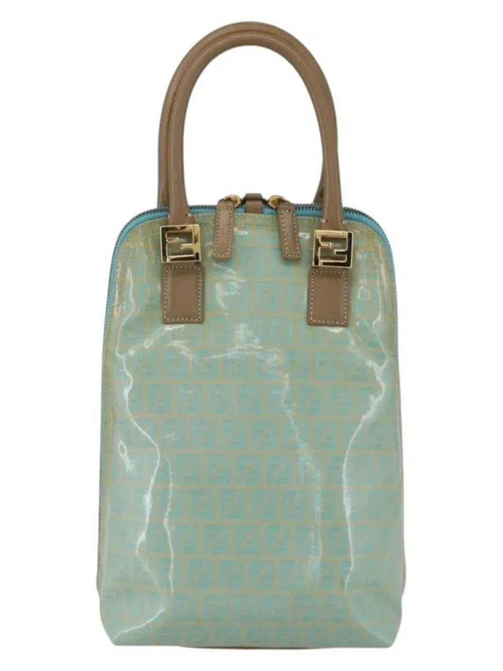 FENDI Zucchino Canvas Hand Bag Enamel Light Blue Gold Auth 159738 - Picture 3 of 16